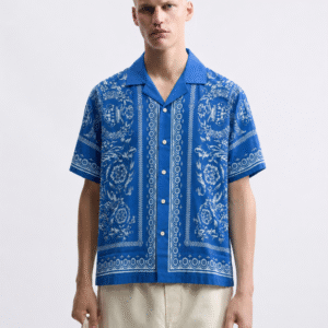 premium printed cuban collar shirt blue hs 17