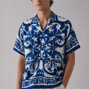 premium printed cuban collar shirt blue hs 19