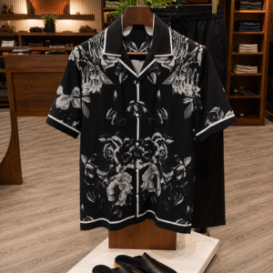 premium printed cuban collar shirt black hs 19