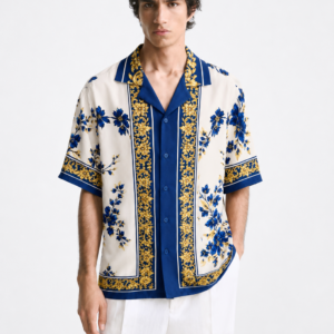 premium printed cuban collar shirt royal blue hs 22