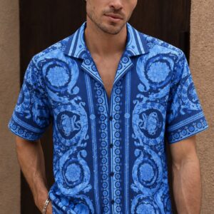 premium printed cuban collar shirt blue hs 23